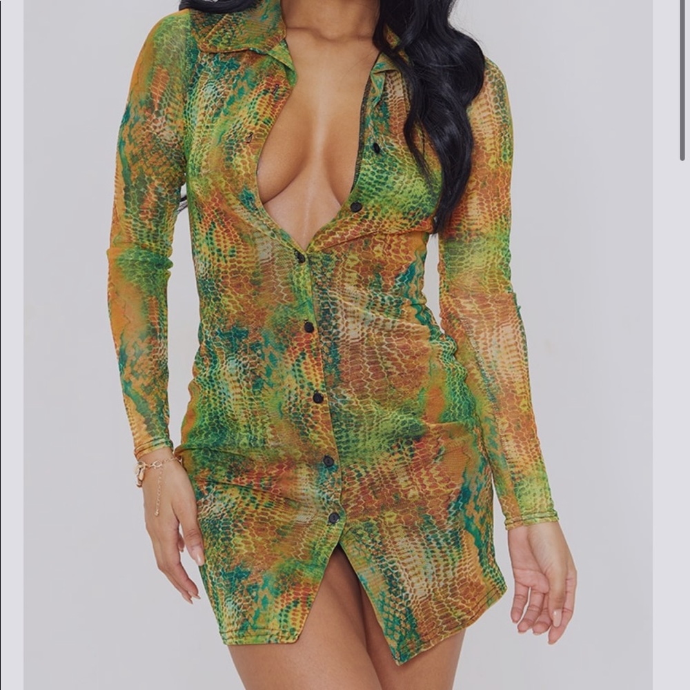 Multi Snake Print Mesh Button Down Shirt Dress